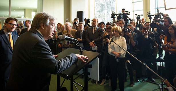 United Nations Secretary-General António Guterres talks to press (UN Photo/Rick Bajornas)