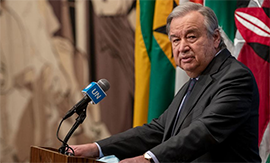 UN Photo/Mark Garten | Secretary-General António Guterres briefs reporters on Ukraine.