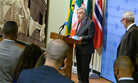 UN Photo/Loey Felipe | Secretary-General António Guterres briefs journalists on the current situation in Ukraine.