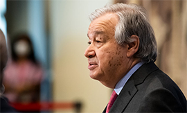 UN Photo/Mark Garten | Secretary-General António Guterres briefs reporters on the war in Ukraine.