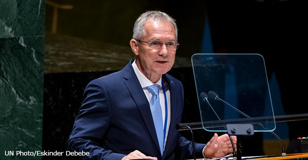 Csaba Kőrösi, President-elect of the seventy-seventh session of the United Nations General Assembly, addresses the 75th plenary meeting of the 76th session of the General Assembly. UN Photo/ Eskinder Debebe