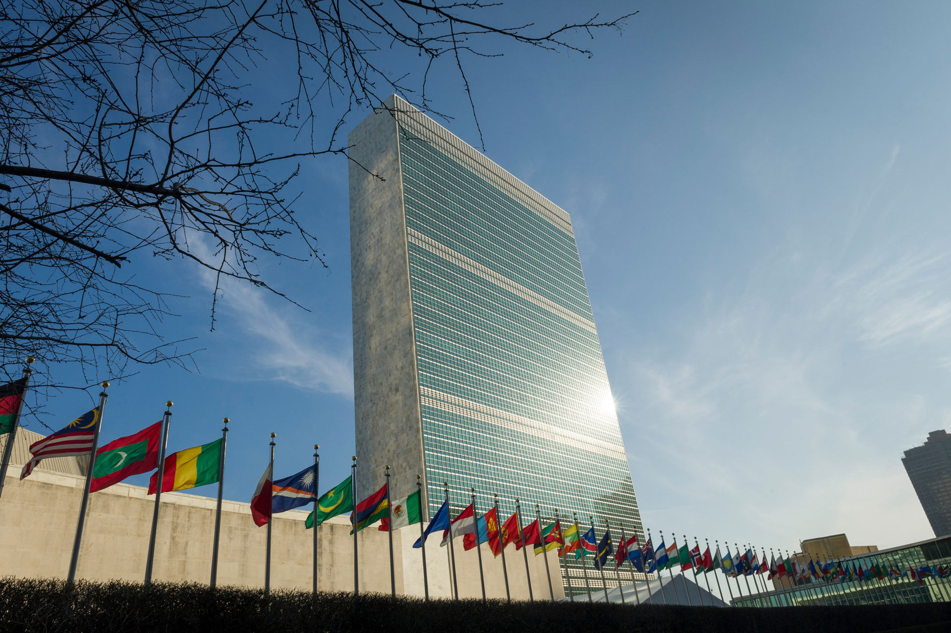 <p><sub>Pogled na stavbo sekretariata ZN z zastavami držav članic, ki plapolajo v ospredju, in sicer na sedežu ZN v New Yorku. </sub></p>